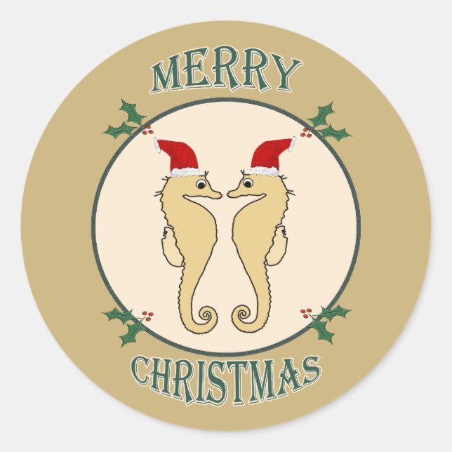 Cute Santa Seahorse Pair Christmas Gold Classic Round Sticker (Front)
