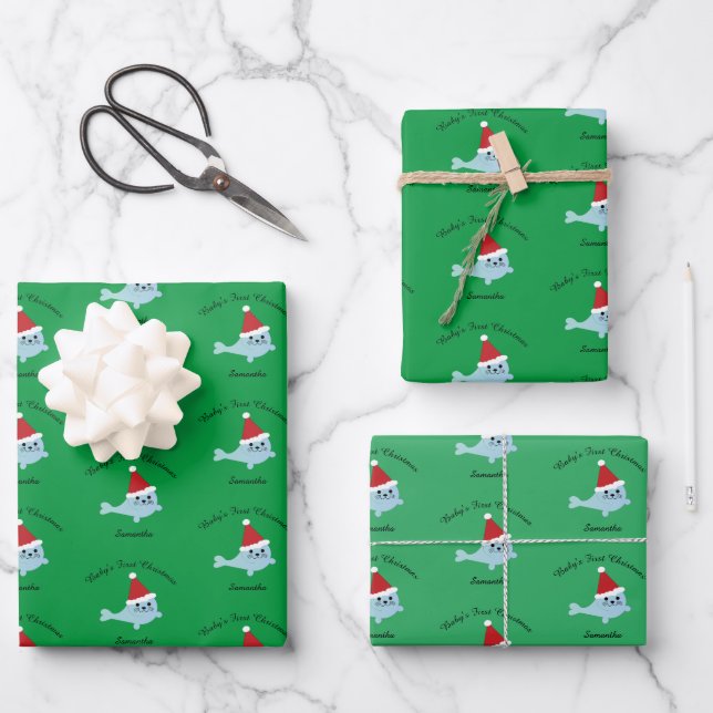 Cute Santa Seal Baby's First Christmas Wrapping Paper Sheets (Front)