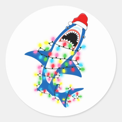 Cute Santa Shark Christmas Lights Classic Round Sticker