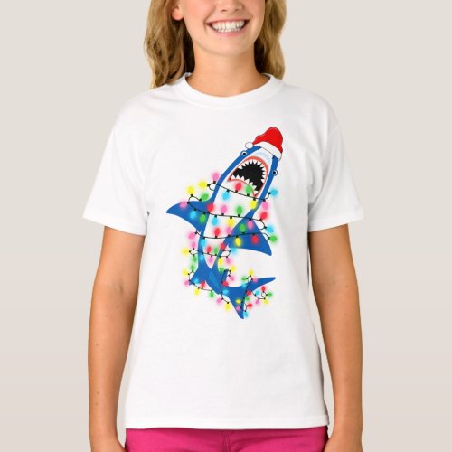 Cute Santa Shark Christmas Lights Girl T_Shirt