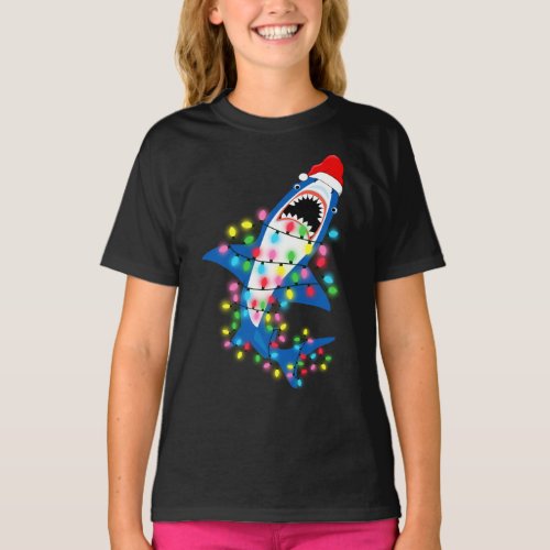 Cute Santa Shark Christmas Lights Girl T_Shirt