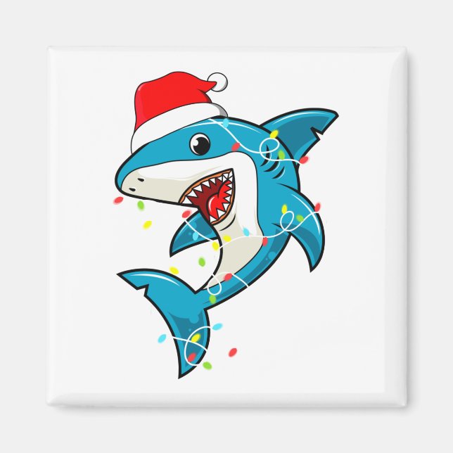 Cute Santa Shark Christmas Lights Square Magnet (Front)