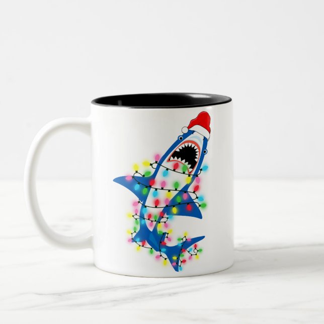 Cute Santa Shark Christmas Lights Two-Tone Coffee Mug (Left)