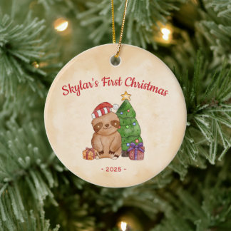 Cute Santa Sloth Ceramic Ornament