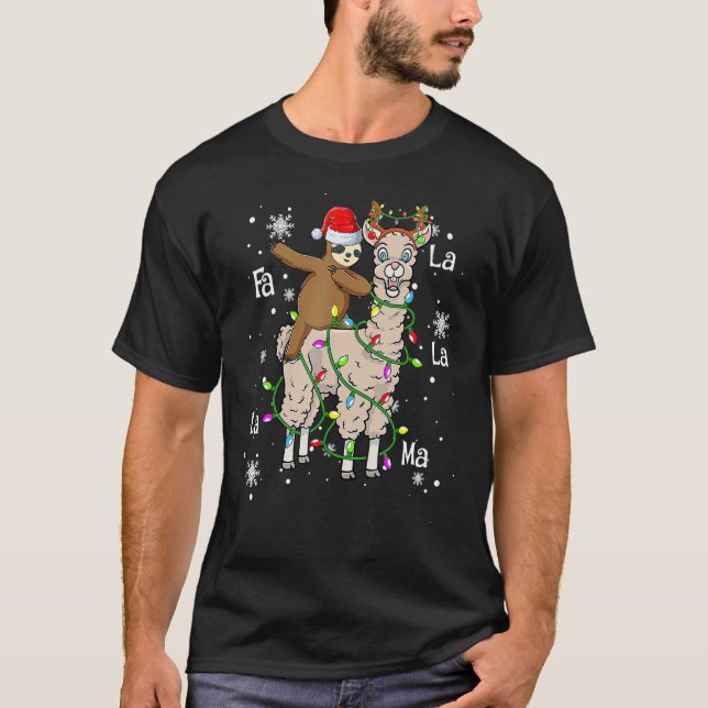 Cute Santa Sloth Riding Llama Christmas Lights Paj T-Shirt (Front)