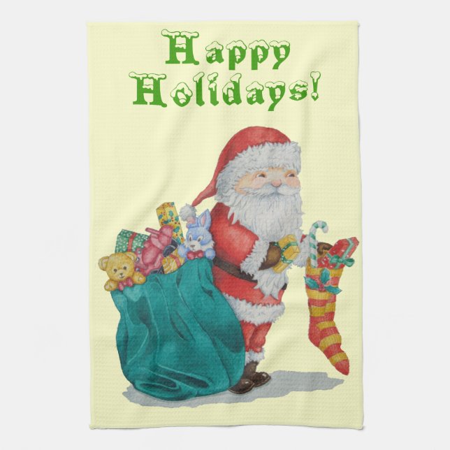 cute santa smiling and getting ready for christmas kitchen towel (Vertical)