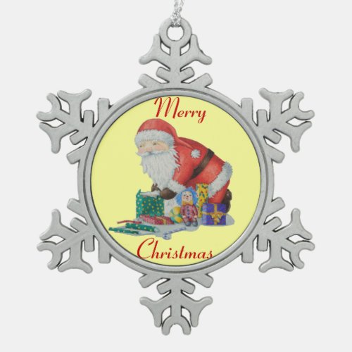 Cute santa smiling with green sack for christmas snowflake pewter christmas ornament