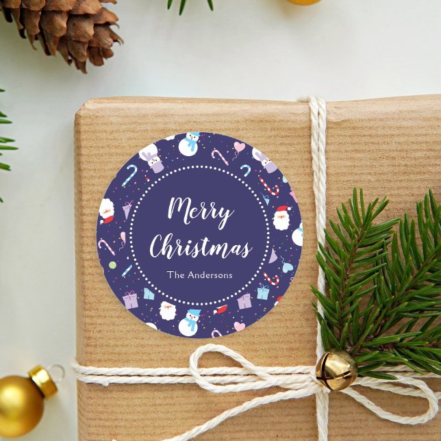 Cute Santa Snowman Candy Cane Christmas Pattern Classic Round Sticker (Creator Uploaded)