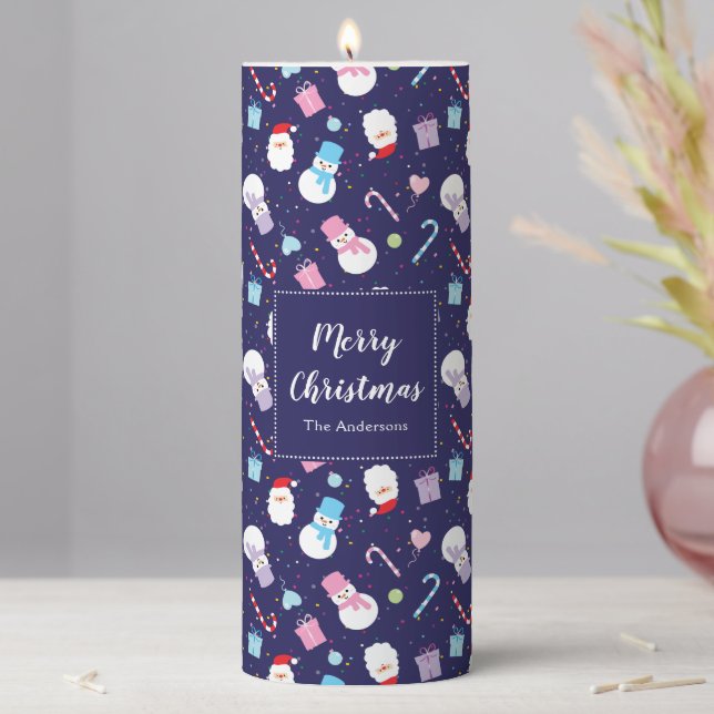 Cute Santa Snowman Candy Cane Christmas Pattern Pillar Candle (In Situ)