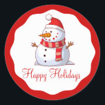 Cute Santa Snowman Happy Holiday Kids Christmas Classic Round Sticker<br><div class="desc">A whimsical snowman is wearing his Santa Claus hat, and a red and gold striped scarf. He has a carrot nose, a big smile and stick hands. Happy Holidays is the wording in a festive red script font below, on a white background. A circle scallop border in a matching Christmas...</div>