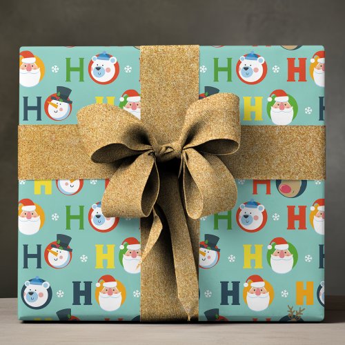 Cute Santa Snowman Ho Ho Ho Typography Christmas Wrapping Paper