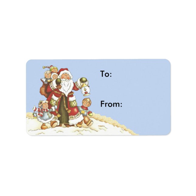 Cute Santa Surrounded by Kids in Snow Blue Label (Front)