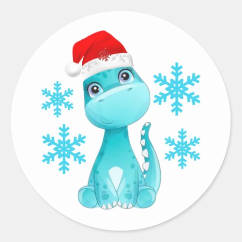 Cute Santa Teal Dinosaur Baby Shower Classic Round Sticker