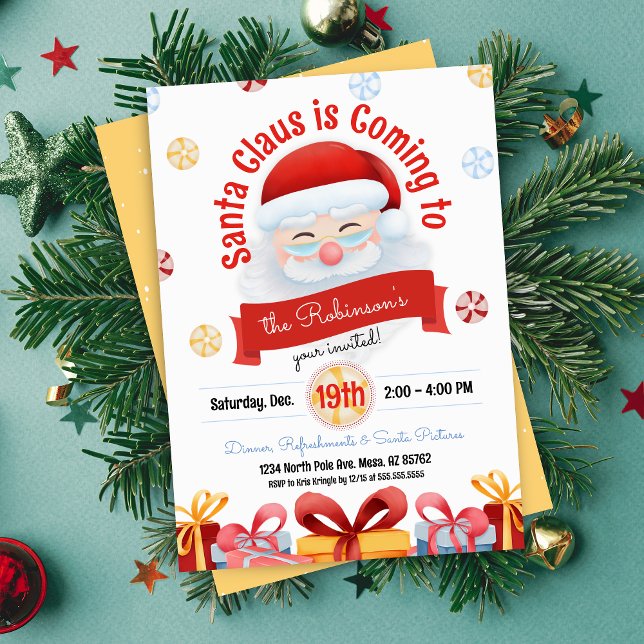 Cute Santa Theme Christmas Party Invitation (cute santa claus is coming annual christmas party invitation for kids adults holiday party invites)