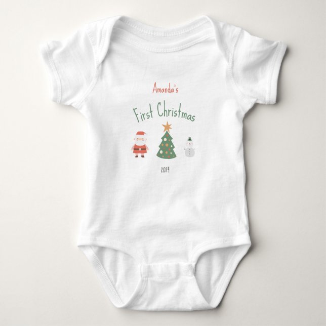 Cute Santa Tree Snowman Baby's First Christmas Baby Bodysuit (Front)