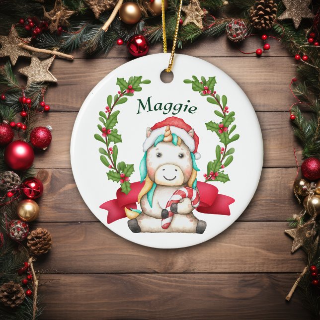Cute Santa Unicorn Holly Wreath Kids Ceramic Ornament (Creator Uploaded)
