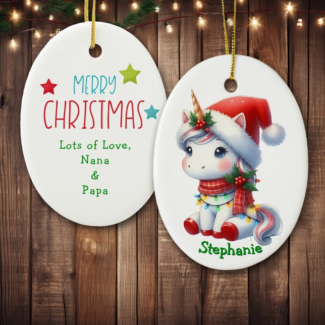 Cute Santa Unicorn in Holiday Lights Ceramic Ornament (Creator Uploaded)