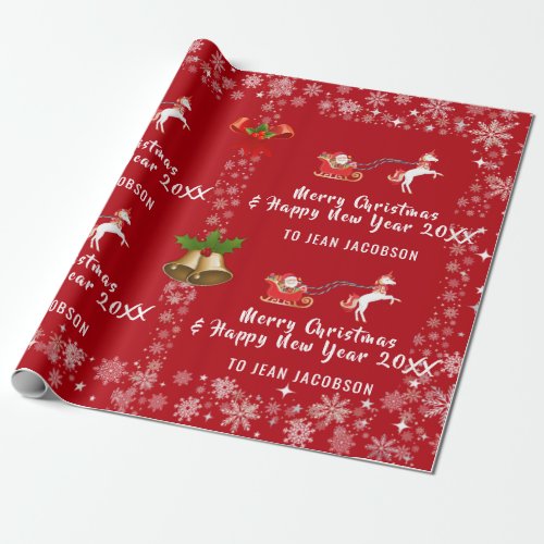 Cute Santa Unicorn Modern Script Holly Personalize Wrapping Paper