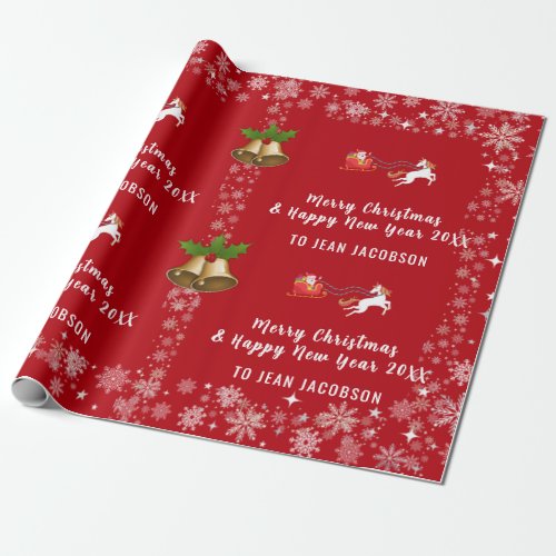 Cute Santa Unicorn Modern Script Personalized Name Wrapping Paper