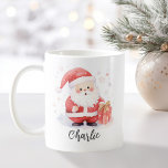 Cute Santa watercolor illustration Christmas name Coffee Mug<br><div class="desc">Mug featuring an illustration of a cute Santa holding a gift with your custom name below in a beautiful script font.</div>