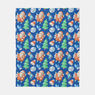 Cute Santa Winter Christmas Cartoon Blue Pattern Fleece Blanket