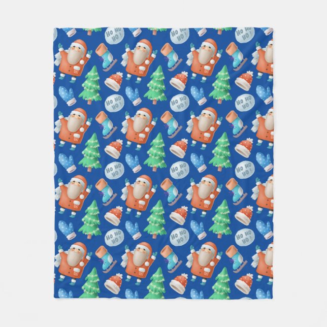 Cute Santa Winter Christmas Cartoon Blue Pattern Fleece Blanket (Front)