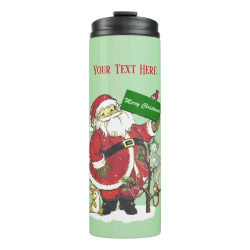 Cute Santa With Animals Little Tree Light Green Thermal Tumbler