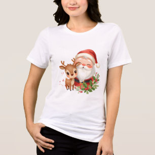 Cute Santa with Baby Deer Christmas T-Shirt Tri-Blend Shirt