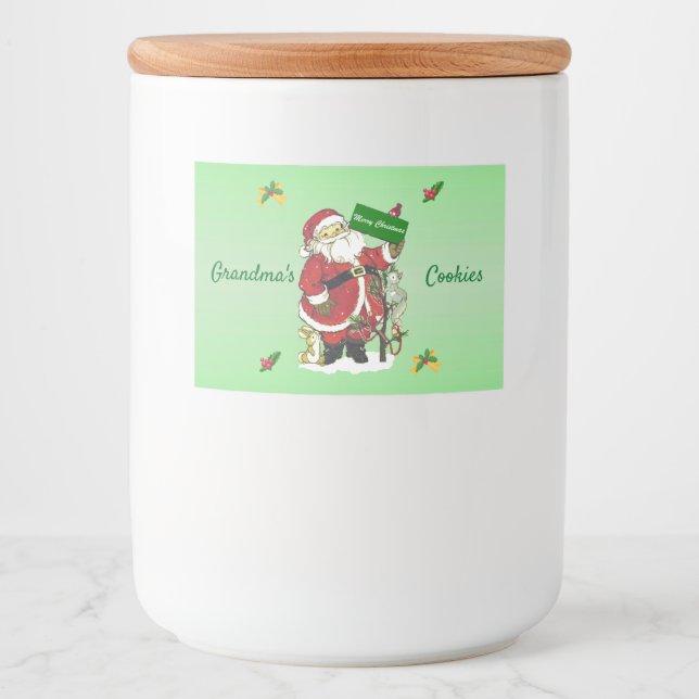 Cute Santa With Forest Animals Tree Green Food Label (Front)