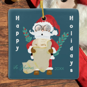 Cute Santa with List Dark Blue Christmas Ornament