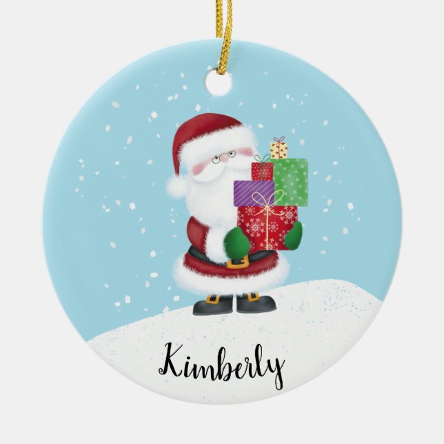 Cute Santa with Name Ceramic Ornament (Front)