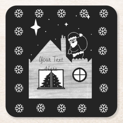 cute santa with sack black and white christmas square paper coaster