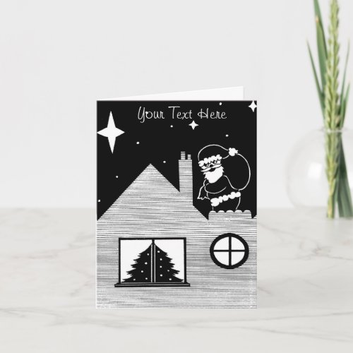 Cute santa with sack on black and white art holiday card