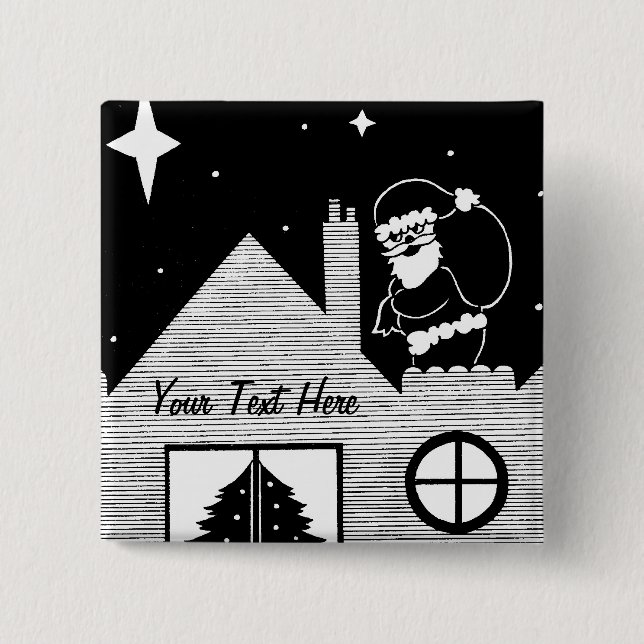 Cute santa with sack on roof black and white button (Front)