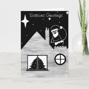 Cute santa with sack on roof black and white holiday card