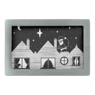 Cute santa with sack on roof black and white  rectangular belt buckle