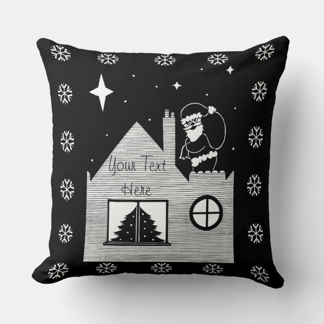 Cute santa with sack on roof monochrome christmas throw pillow (Front)