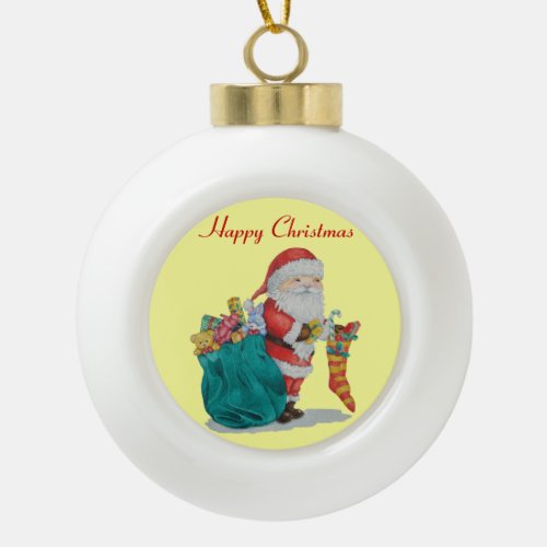 cute santa with wrapped presants in green sack ceramic ball christmas ornament