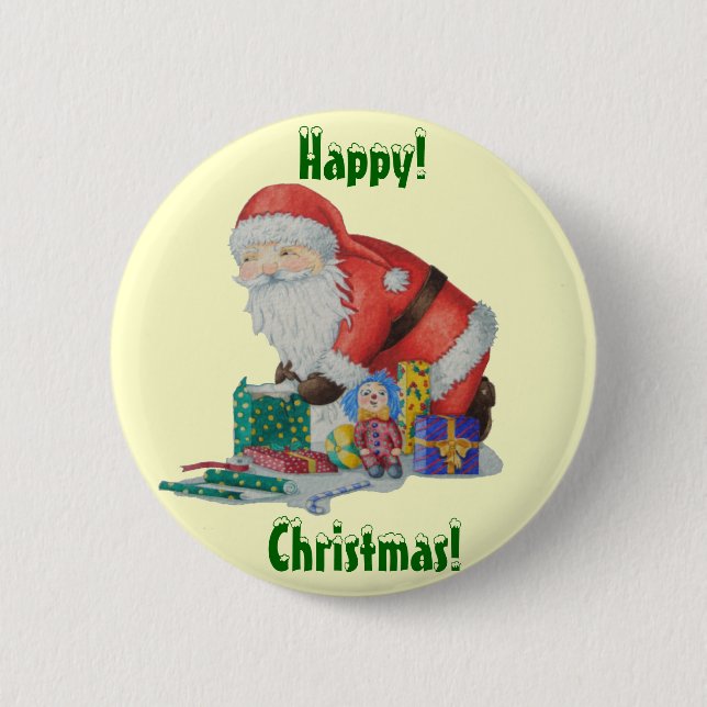 Cute santa wrapping toys gifts christmas button (Front)