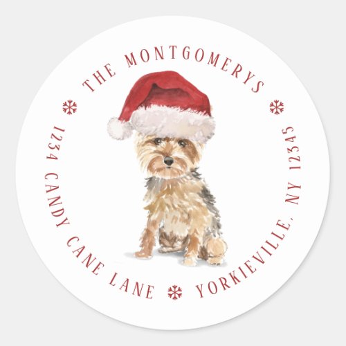 Cute Santa Yorkie Christmas Return Address Classic Round Sticker
