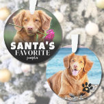 Cute Santa's Favorite Dog Photo Christmas Ornament<br><div class="desc">Personalized "Santa's Favorite" Dog Photo Ornament. Add some holiday cheer and humor to your decor with this playful ornament, perfect for showing off your pup's lovable personality. The front features the festive text "Santa's Favorite" along with your dog's name, adding a fun twist to celebrate your furry friend. There's also...</div>