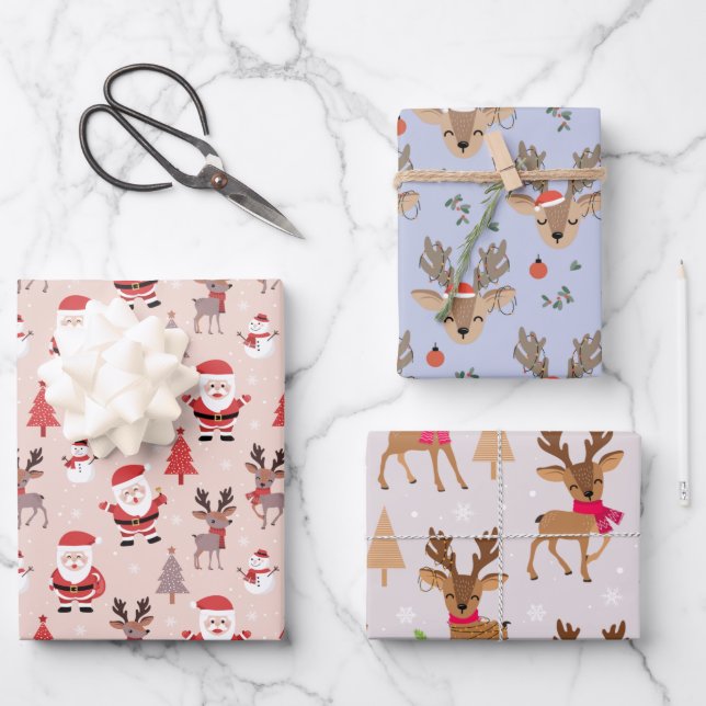 Cute Santas & Reindeers Wrapping Paper Sheets (Front)