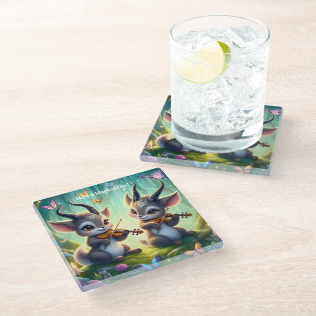 Cute Saolas Playing Violas in a Magical Forest Glass Coaster (Angled)