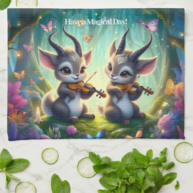 Cute Saolas Playing Violas in a Magical Forest Kitchen Towel (Folded)