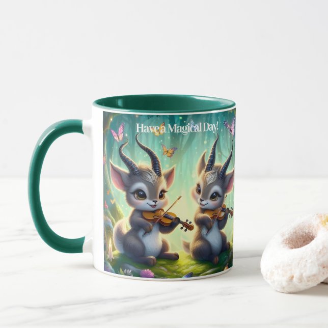 Cute Saolas Playing Violas in a Magical Forest Mug (With Donut)