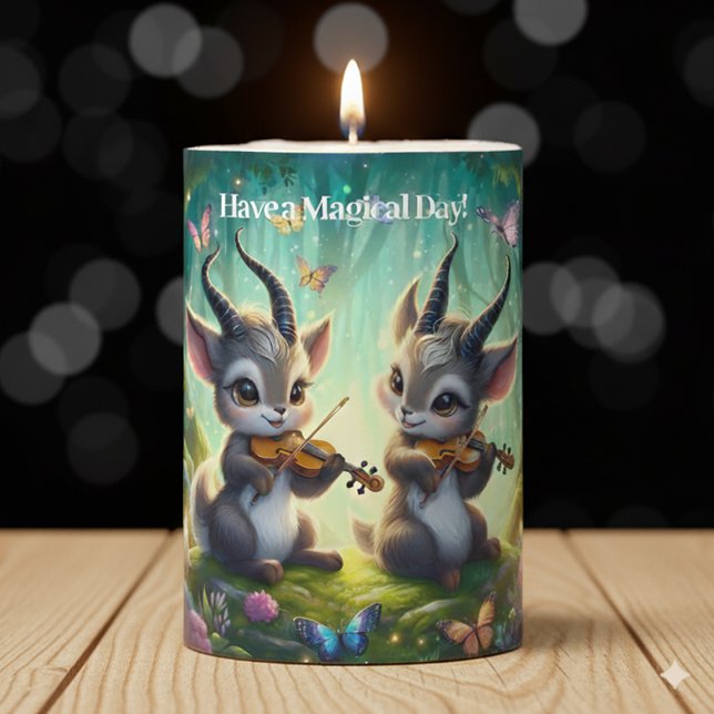 Cute Saolas Playing Violas in a Magical Forest Pillar Candle (Saolas Playing Violas in a Magical Forest 3"x4" Pillar Candle Cover Photo)