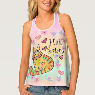 Cute sarcastic cartoon kitty hail Satan Tank Top