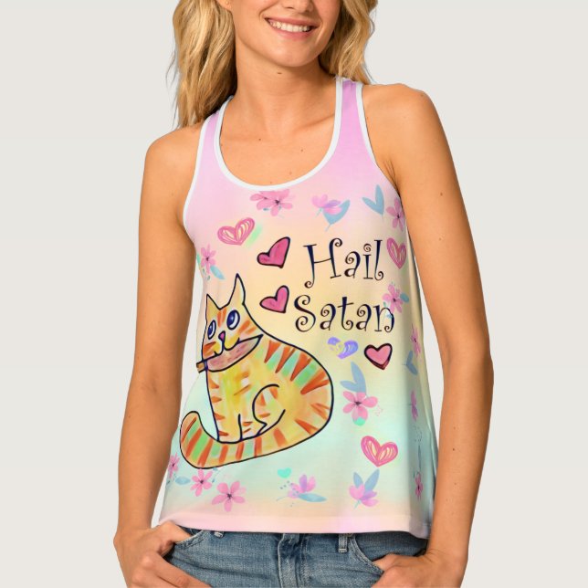 Cute sarcastic cartoon kitty hail Satan Tank Top (Front)