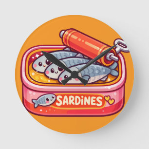 Cute Sardines Can Pink Orange Round Clock