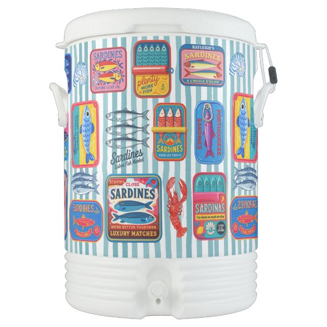 Cute sardines cans crustaceans blue striped beverage cooler (Front)
